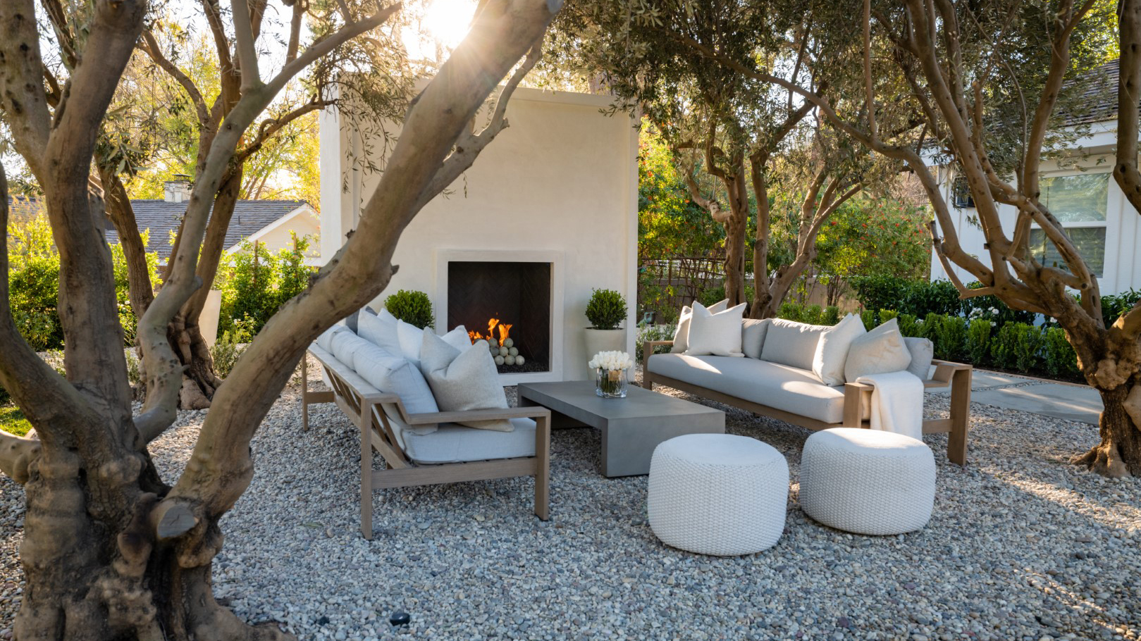 The backyard after renovations by Drew and Jonathan Scott with Kris Jenner and Kim Kardashian, as seen on Celebrity IOU.